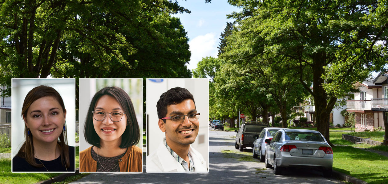 Three researcher's headshots overlaid on a photo of a neighbourhood street.