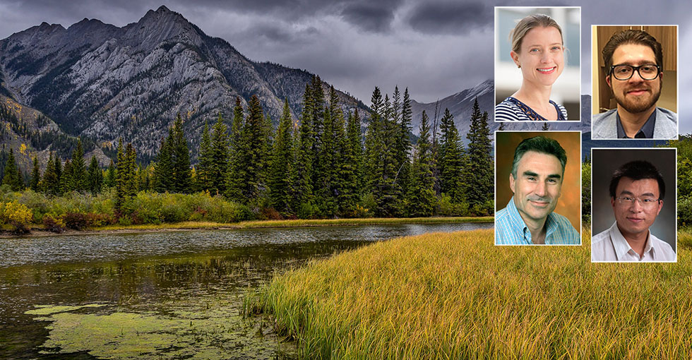 Researcher headshots overlaid on an image of a mountain range and river