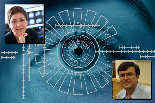 Researcher headshots overlaid on a photo of an eye.