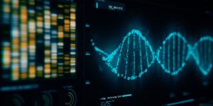 A computer screen shows a rendered image of a dna helix